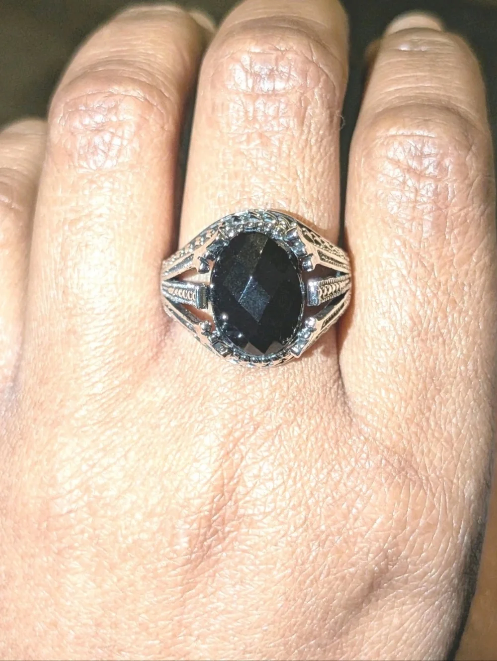 Men’s Black Simulated Onyx Ring Silver Plated Size 10 Oval Statement Gothic Ring
